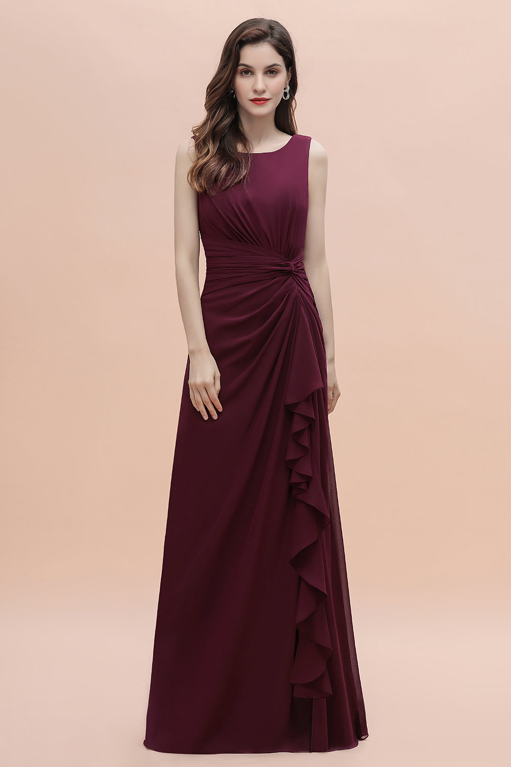 Long A-Line Backless Ruched Chiffon Burgundy Wedding Guest Dresses With Split