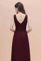 Long A-Line Backless Ruched Chiffon Burgundy Wedding Guest Dresses With Split