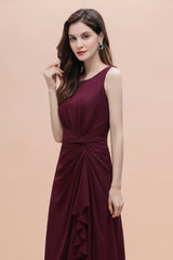 Burgundy Bateau A-Line Backless Ruched Chiffon Bridesmaid Dress With Split