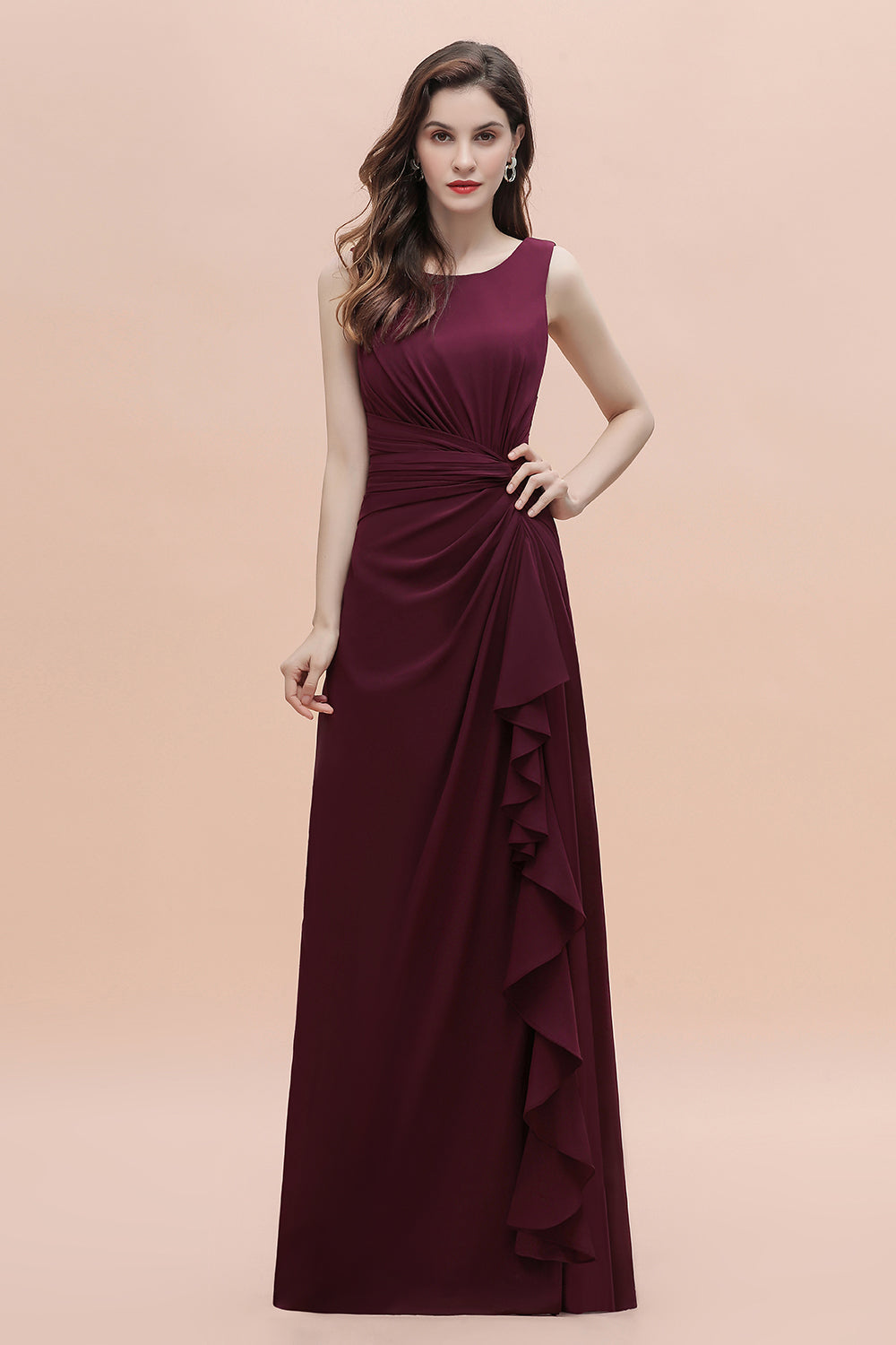 Long A-Line Backless Ruched Chiffon Burgundy Wedding Guest Dresses With Split