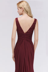 Burgundy Chiffon Lace Scoop A-Line Ruffles Long Bridesmaid Dresses