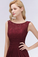 Burgundy Chiffon Lace Scoop A-Line Ruffles Long Bridesmaid Dresses