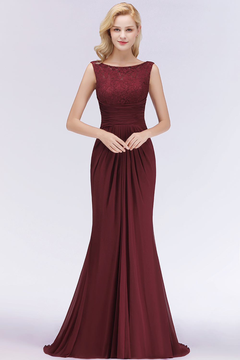 Burgundy Chiffon Lace Scoop A-Line Ruffles Long Bridesmaid Dresses