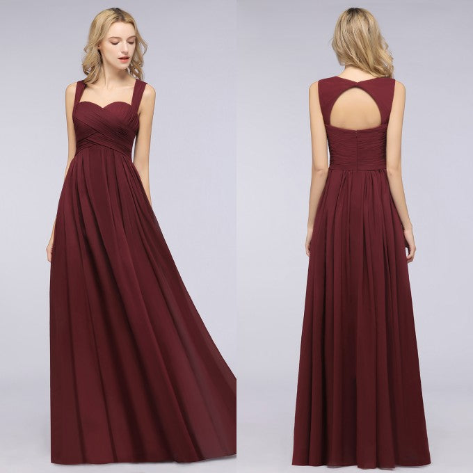 Burgundy Simple Long A-line Cap Sleeves Sweetheart Bridesmaid Dress