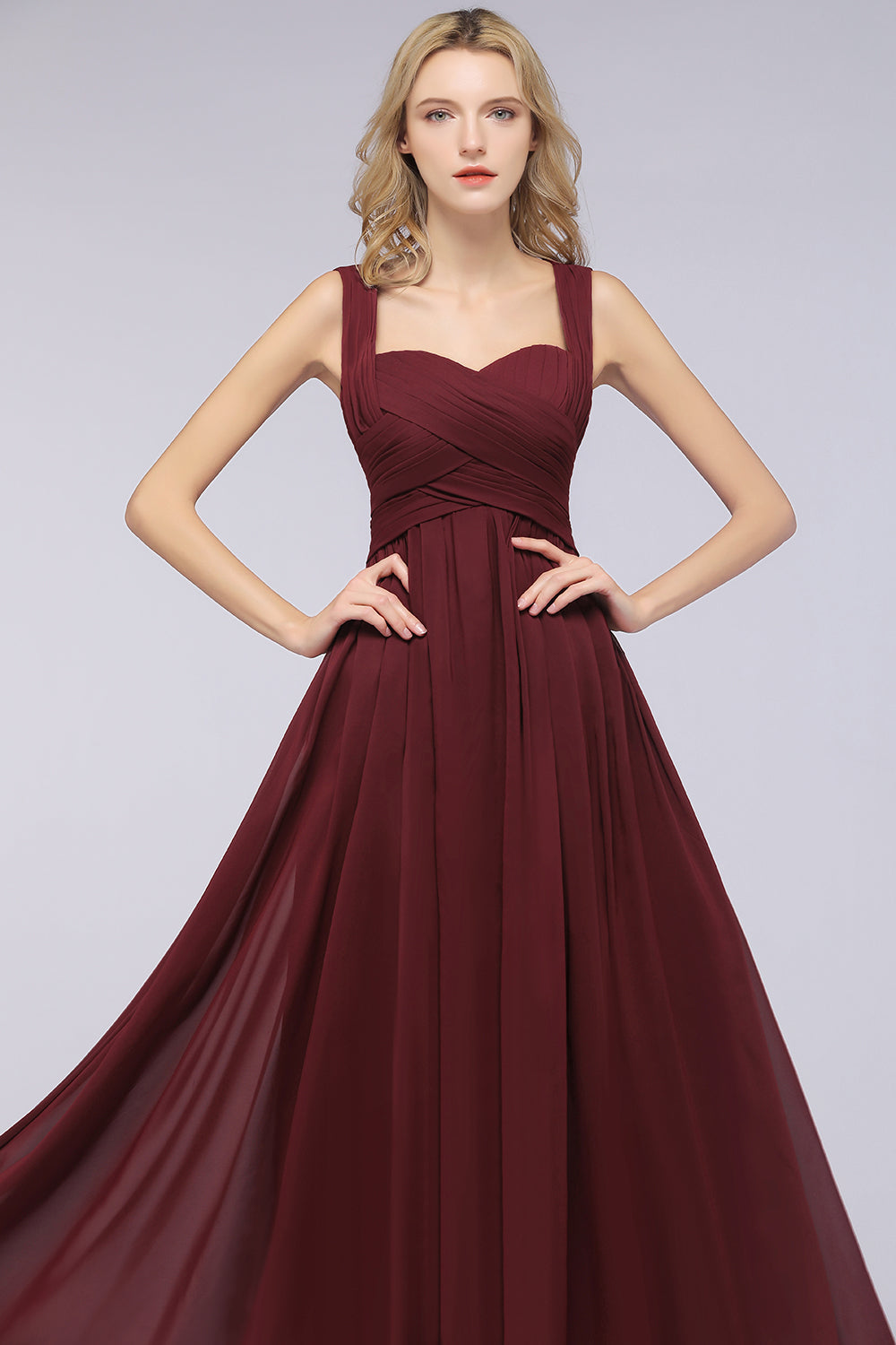 Burgundy Simple Long A-line Cap Sleeves Sweetheart Bridesmaid Dress