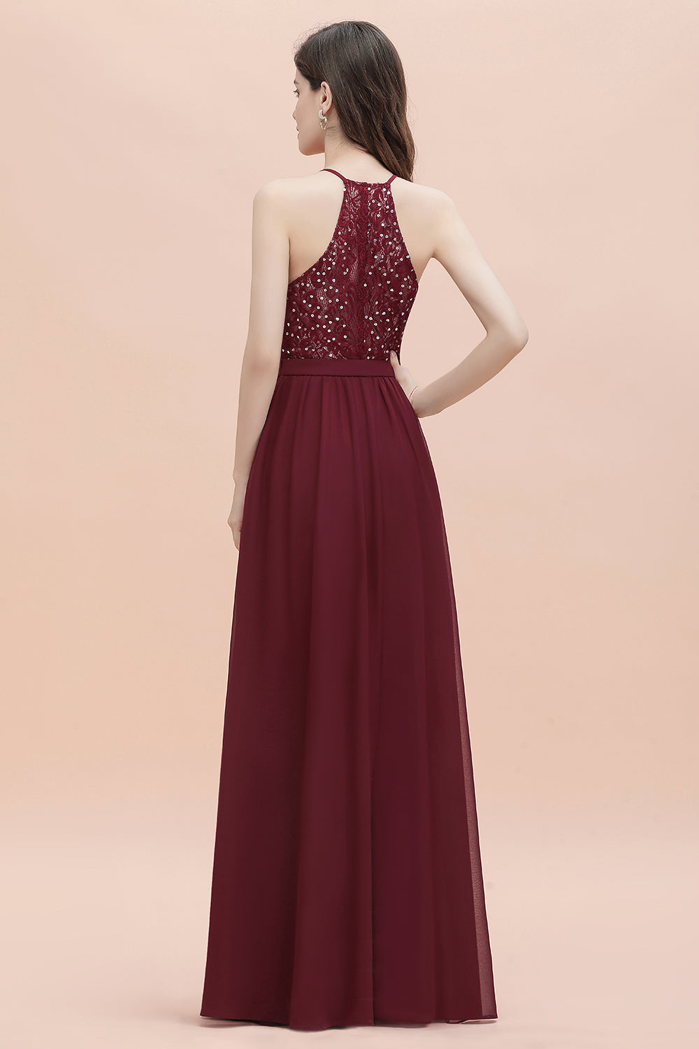 Burgundy Sleeveless V-neck Beaded Back Chiffon Bridesmaid Dress