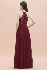 Burgundy Sleeveless V-neck Beaded Back Chiffon Bridesmaid Dress