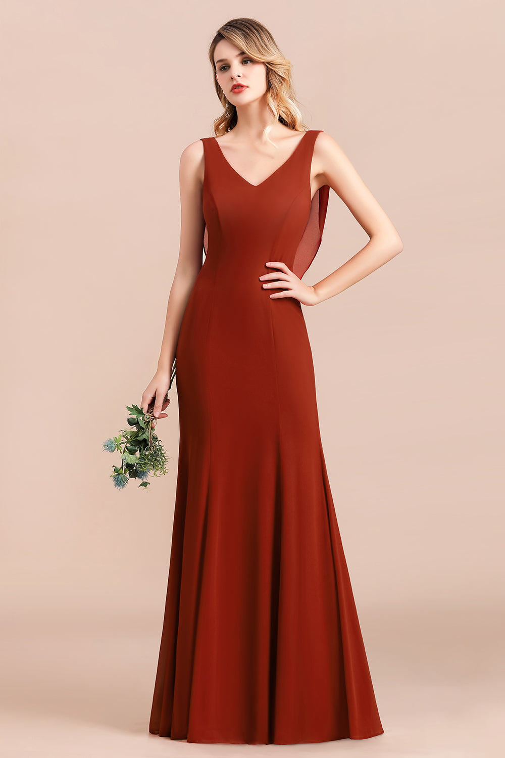 Burgundy V-neck A-Line Wedding Party Dress Wide Straps Chiffon Bridesmaid Dress With Cape