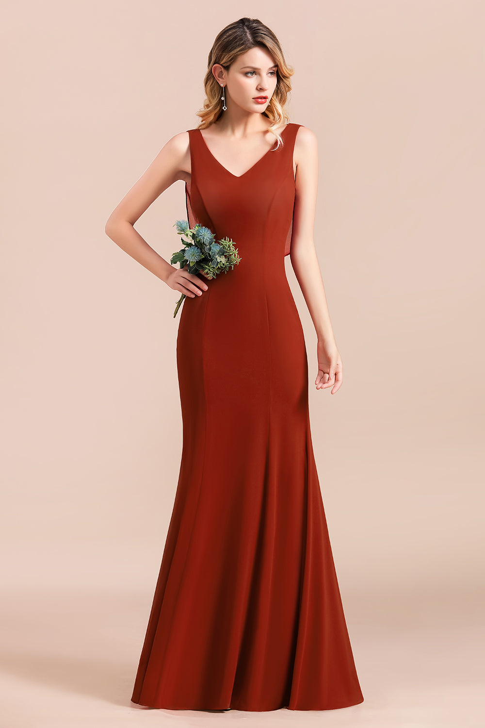 Burgundy V-neck A-Line Wedding Party Dress Wide Straps Chiffon Bridesmaid Dress With Cape
