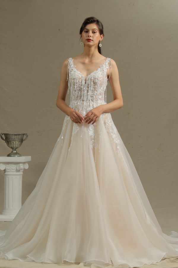 Long V-neck Straps Appliques A-line Backless Tulle Wedding Dresses
