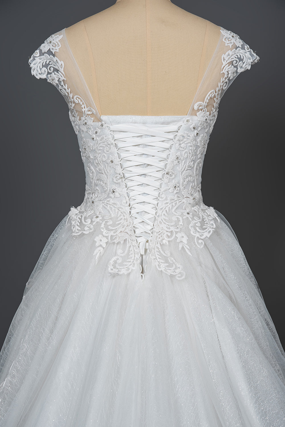 Elegant Long Cap Sleeve Tulle Lace V-neck Ball Gown Wedding Dresses