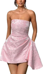 A-line Strapless Jacquard Satin Asymmetrical Lace up Sleeveless Short Homecoming Dress