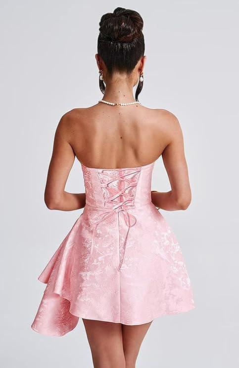 A-line Strapless Jacquard Satin Asymmetrical Lace up Sleeveless Short Homecoming Dress