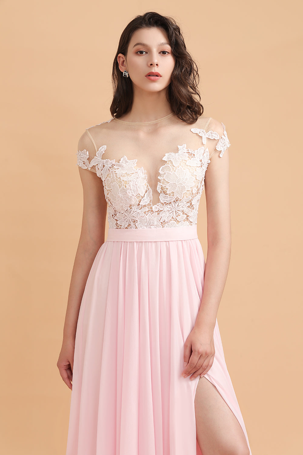 Cap Sleeves Lace Appliques A-Line Chiffon Bridesmaid Dress With Side Slit