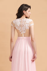 Cap Sleeves Lace Appliques A-Line Chiffon Bridesmaid Dress With Side Slit