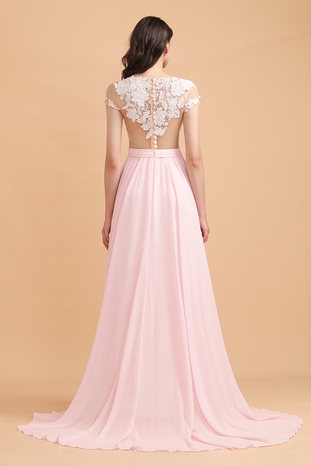 Cap Sleeves Lace Appliques A-Line Chiffon Bridesmaid Dress With Side Slit