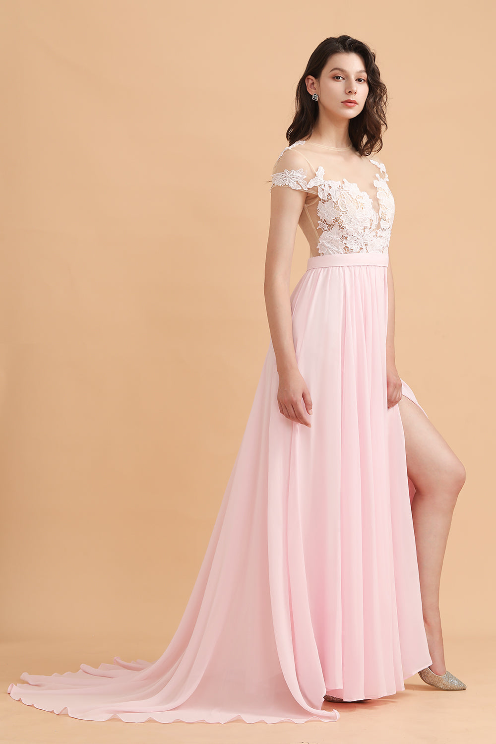 Cap Sleeves Lace Appliques A-Line Chiffon Bridesmaid Dress With Side Slit