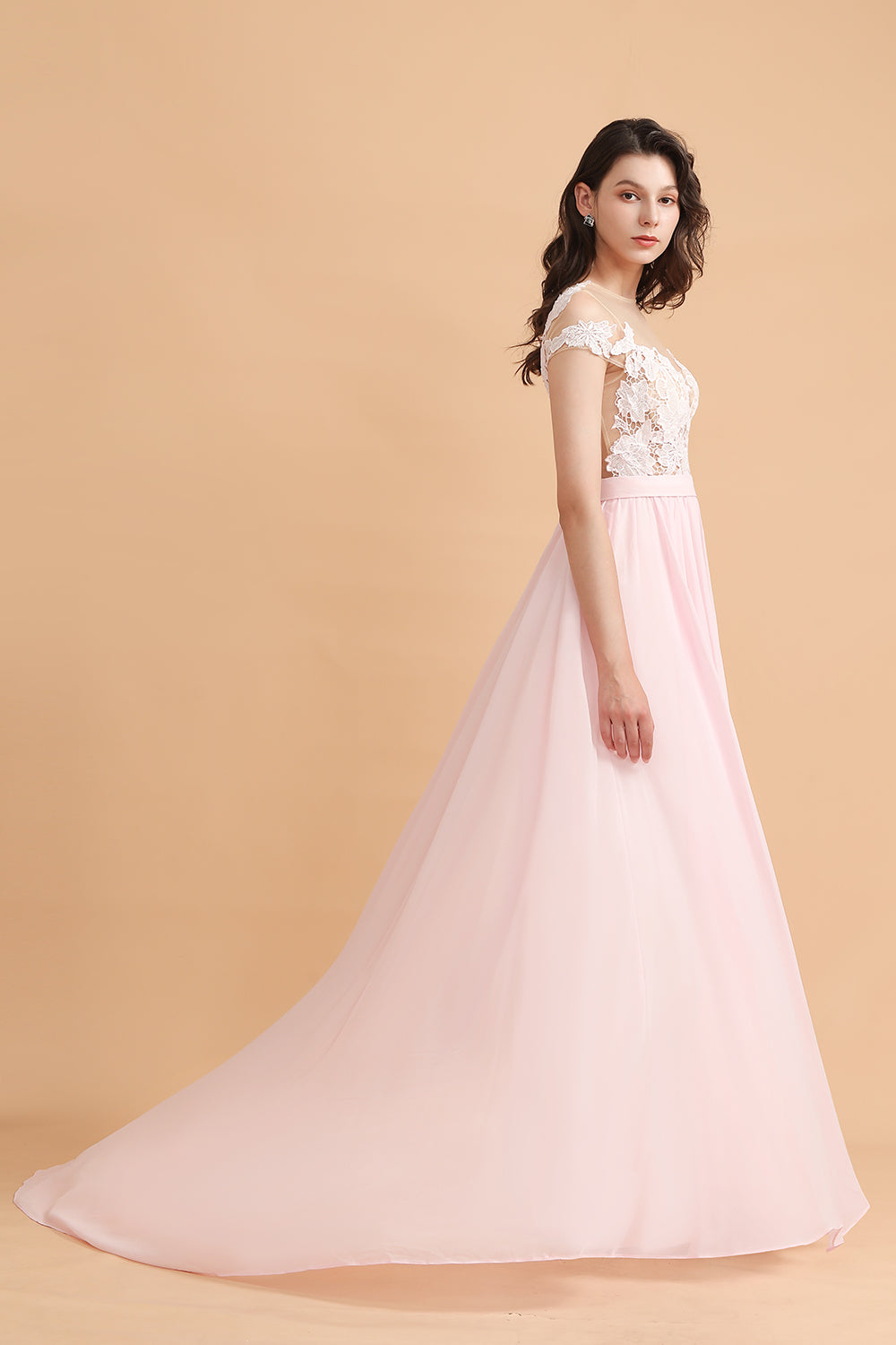 Cap Sleeves Lace Appliques A-Line Chiffon Bridesmaid Dress With Side Slit