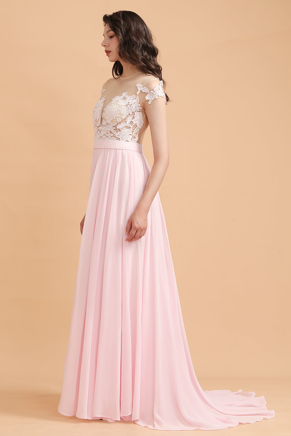 Cap Sleeves Lace Appliques A-Line Chiffon Bridesmaid Dress With Side Slit