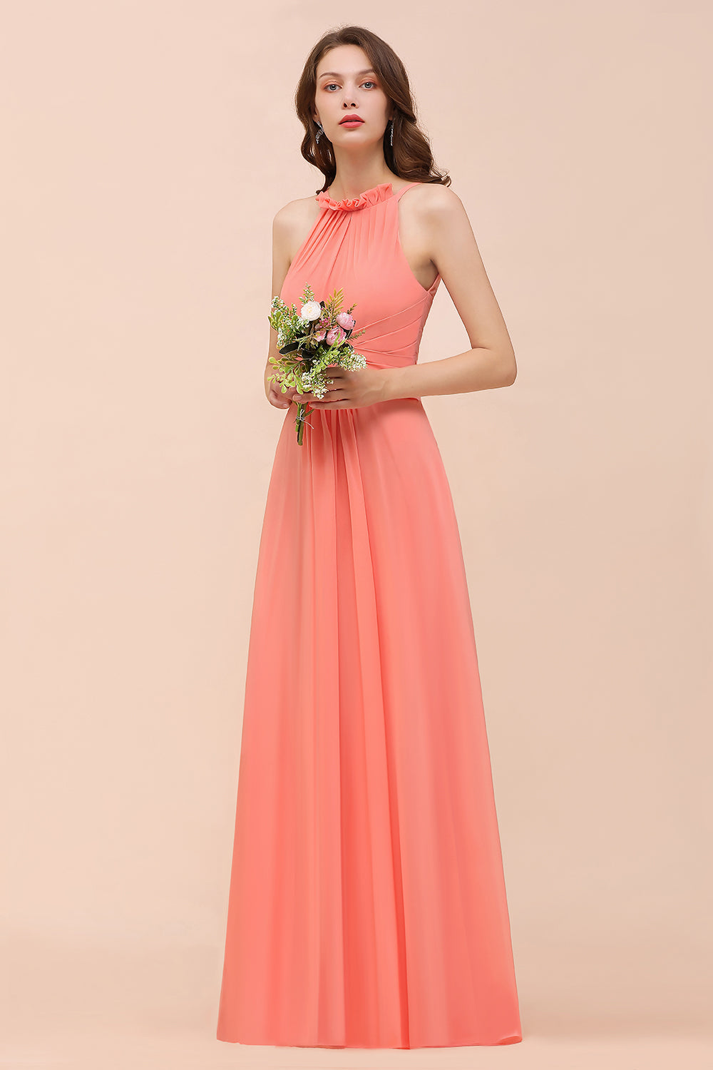 Charming Coral Chiffon Sleeveless A-Line Halter Floor Length Bridesmaid Dresses