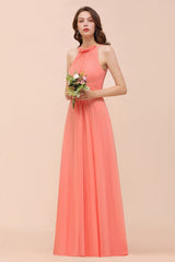 Charming Coral Chiffon Sleeveless A-Line Halter Floor Length Bridesmaid Dresses
