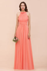 Charming Coral Chiffon Sleeveless A-Line Halter Floor Length Bridesmaid Dresses