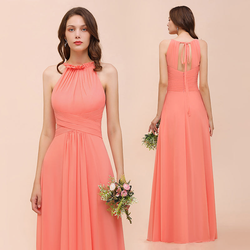 Charming Coral Chiffon Sleeveless A-Line Halter Floor Length Bridesmaid Dresses