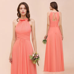 Charming Coral Chiffon Sleeveless A-Line Halter Floor Length Bridesmaid Dresses