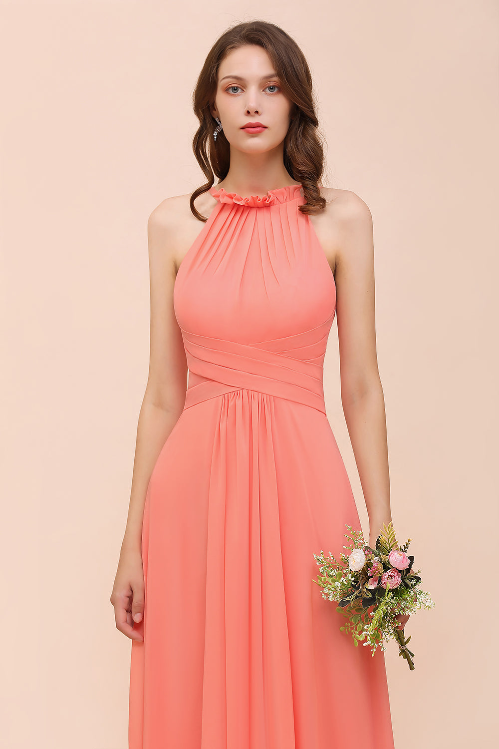 Charming Coral Chiffon Sleeveless A-Line Halter Floor Length Bridesmaid Dresses