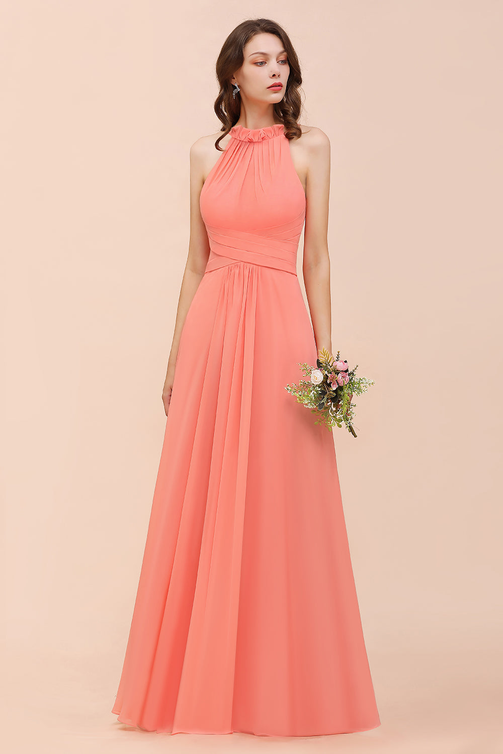 Charming Coral Chiffon Sleeveless A-Line Halter Floor Length Bridesmaid Dresses