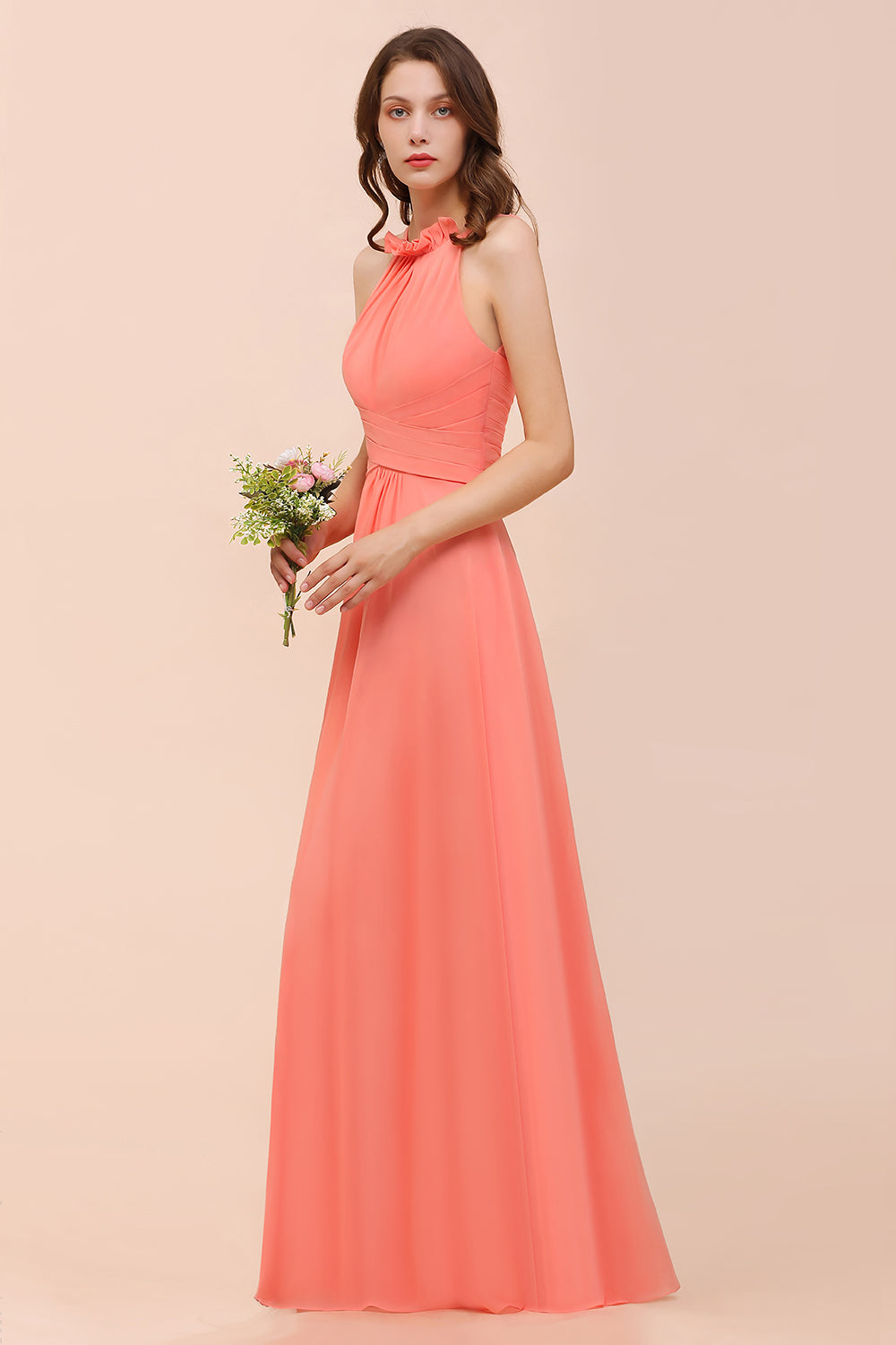 Charming Coral Chiffon Sleeveless A-Line Halter Floor Length Bridesmaid Dresses