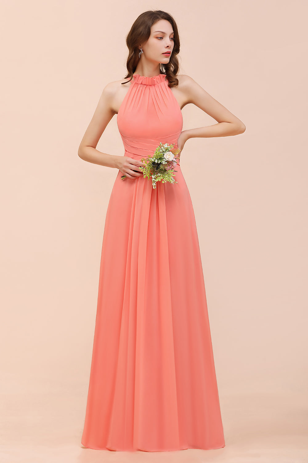 Charming Coral Chiffon Sleeveless A-Line Halter Floor Length Bridesmaid Dresses