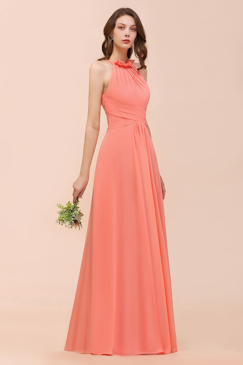 Charming Coral Chiffon Sleeveless A-Line Halter Floor Length Bridesmaid Dresses