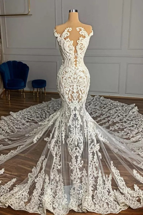 Charming Long Mermaid Jewel Tulle Lace Backless Wedding Dress