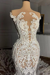 Charming Long Mermaid Jewel Tulle Lace Backless Wedding Dress