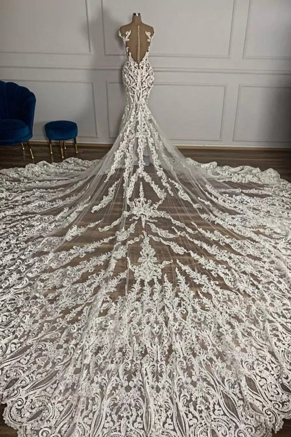 Charming Long Mermaid Jewel Tulle Lace Backless Wedding Dress