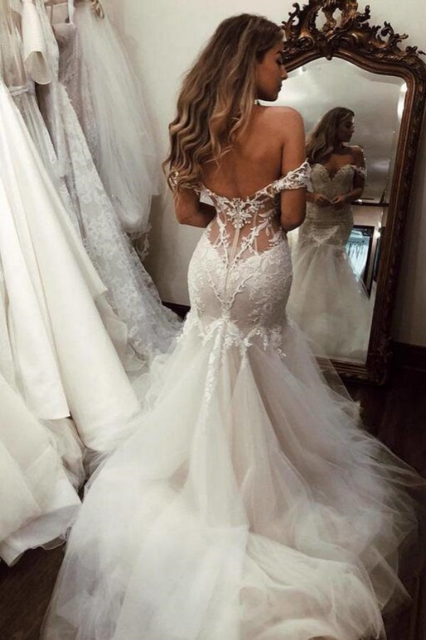 Charming Long Sweetheart Tulle Lace Off the Shoulder Mermaid Wedding Dresses