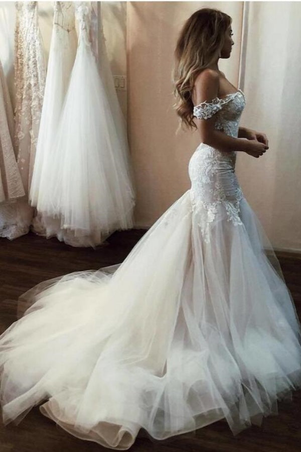 Charming Long Sweetheart Tulle Lace Off the Shoulder Mermaid Wedding Dresses