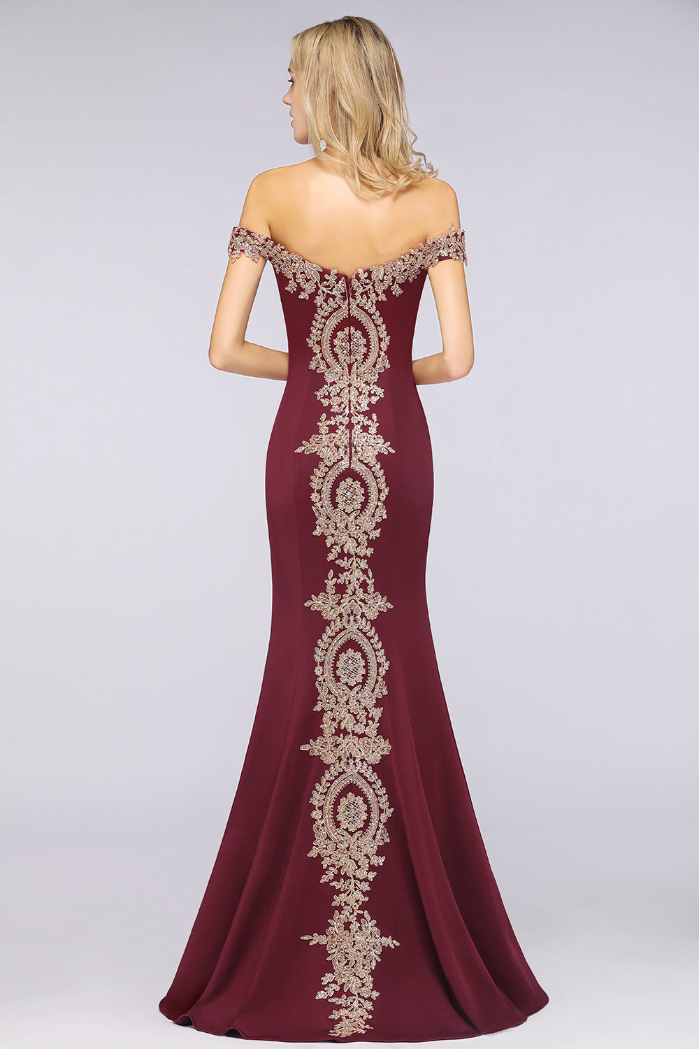 Charming Off the Shoulder Floor Length Mermaid Appliques Zipper Bridesmaid Dress