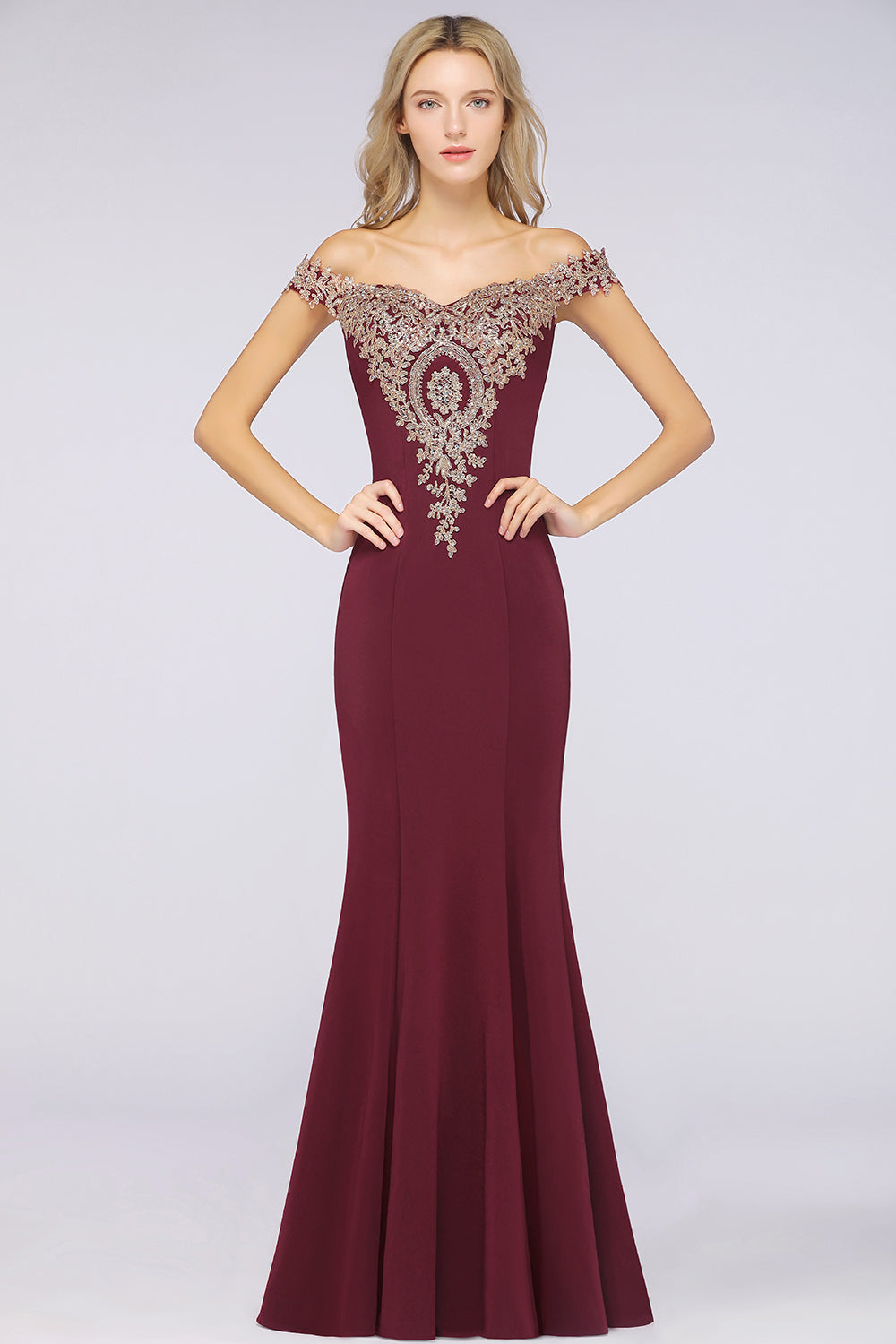 Charming Off the Shoulder Floor Length Mermaid Appliques Zipper Bridesmaid Dress