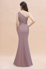 Charming One Shoulder Chiffon Lace Mermaid Bridesmaid Dresses With Slit