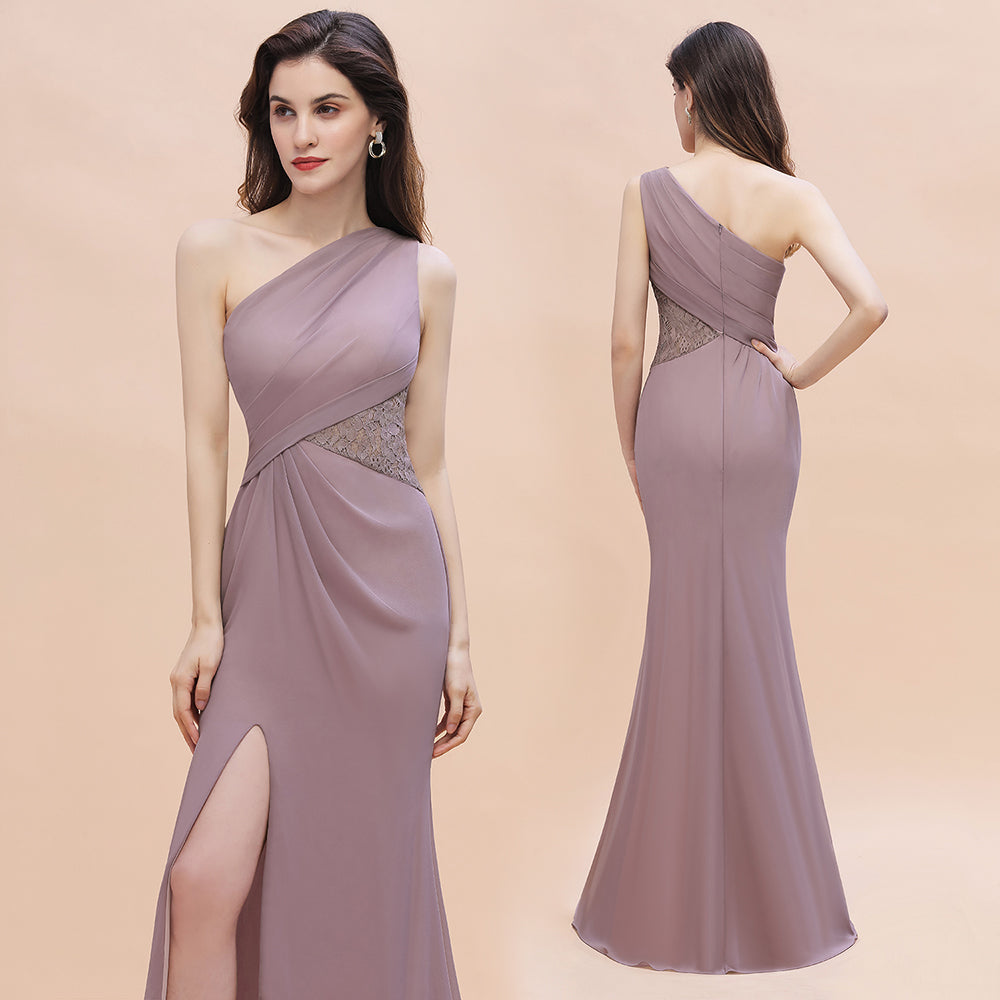 Charming One Shoulder Chiffon Lace Mermaid Bridesmaid Dresses With Slit