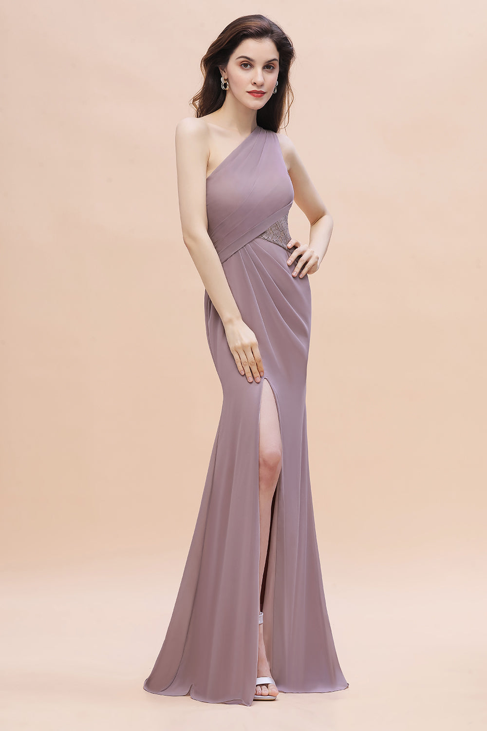 Charming One Shoulder Chiffon Lace Mermaid Bridesmaid Dresses With Slit