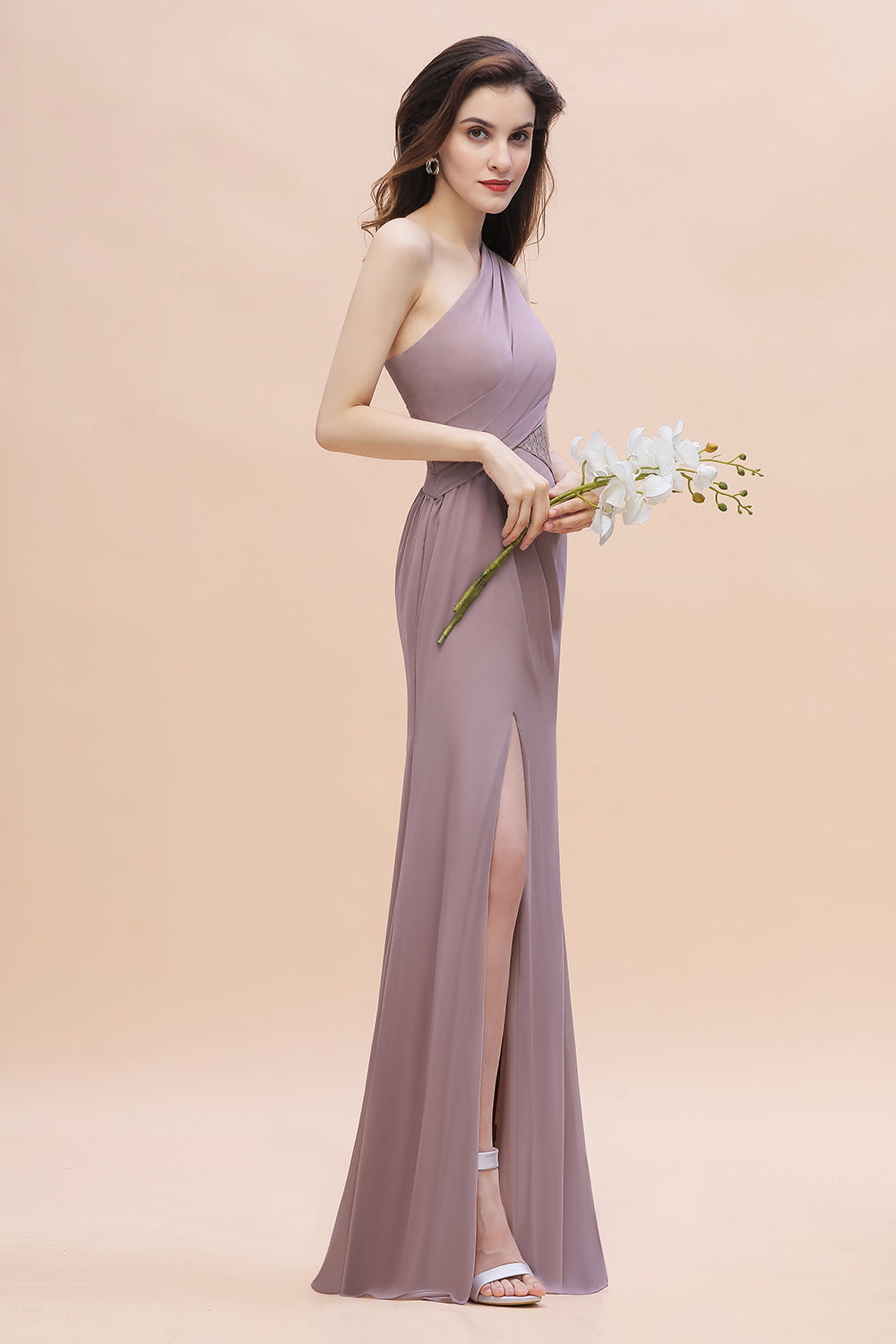 Charming One Shoulder Chiffon Lace Mermaid Bridesmaid Dresses With Slit