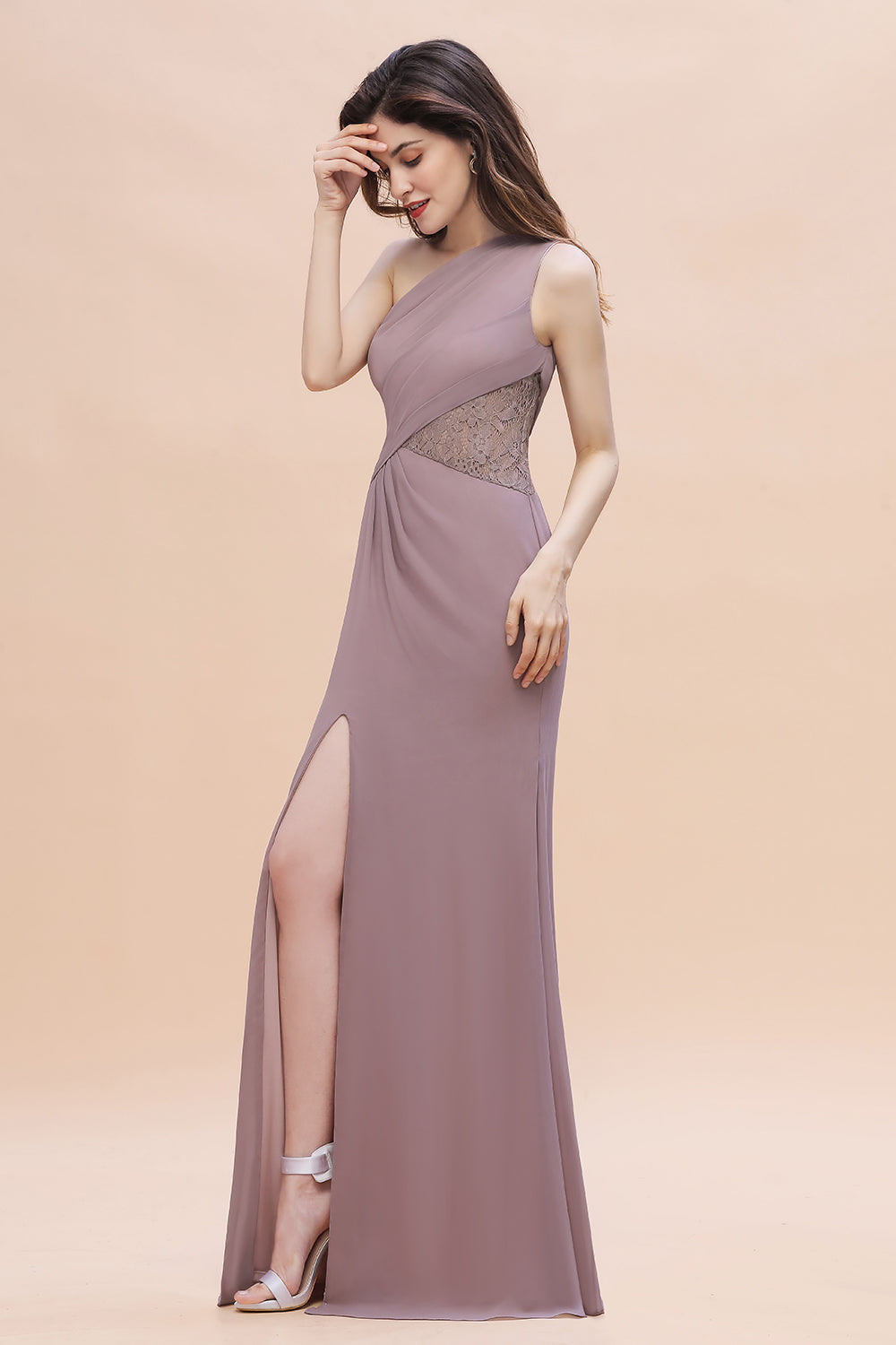 Charming One Shoulder Chiffon Lace Mermaid Bridesmaid Dresses With Slit