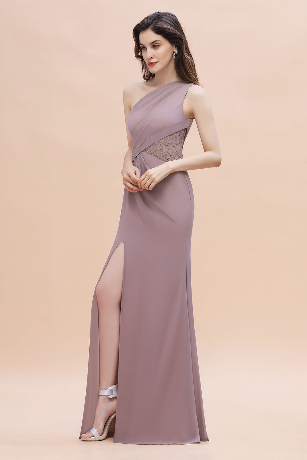 Charming One Shoulder Chiffon Lace Mermaid Bridesmaid Dresses With Slit