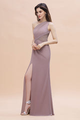 Charming One Shoulder Chiffon Lace Mermaid Bridesmaid Dresses With Slit