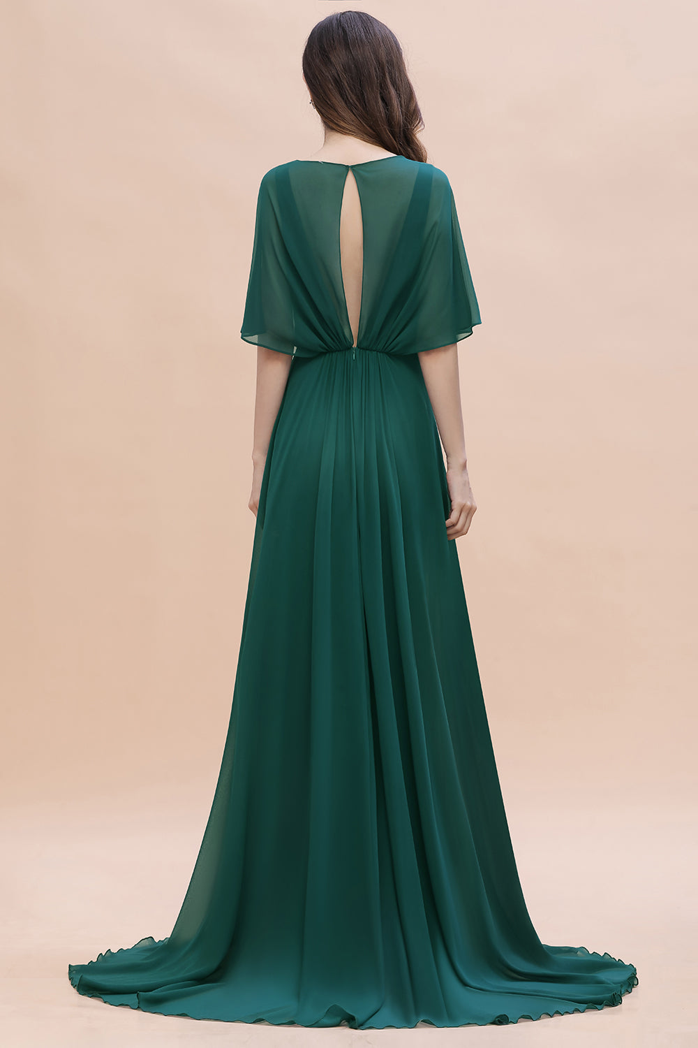 Charming V-neck Short Sleeve A-line Chiffon Bridesmaid Dress With Crystal Embellishment