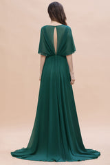 Charming V-neck Short Sleeve A-line Chiffon Bridesmaid Dress With Crystal Embellishment