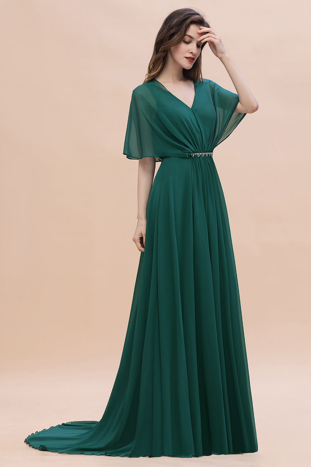 Charming V-neck Short Sleeve A-line Chiffon Bridesmaid Dress With Crystal Embellishment